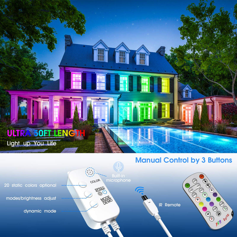 [AUSTRALIA] - Led Strip Lights 50 Feet, Color Changing Lights Strip 3 Pack Bluetooth App Remote Control 5050 LEDs Light with Built-in mic Music sync led Lights for Bedroom Room tv Party 