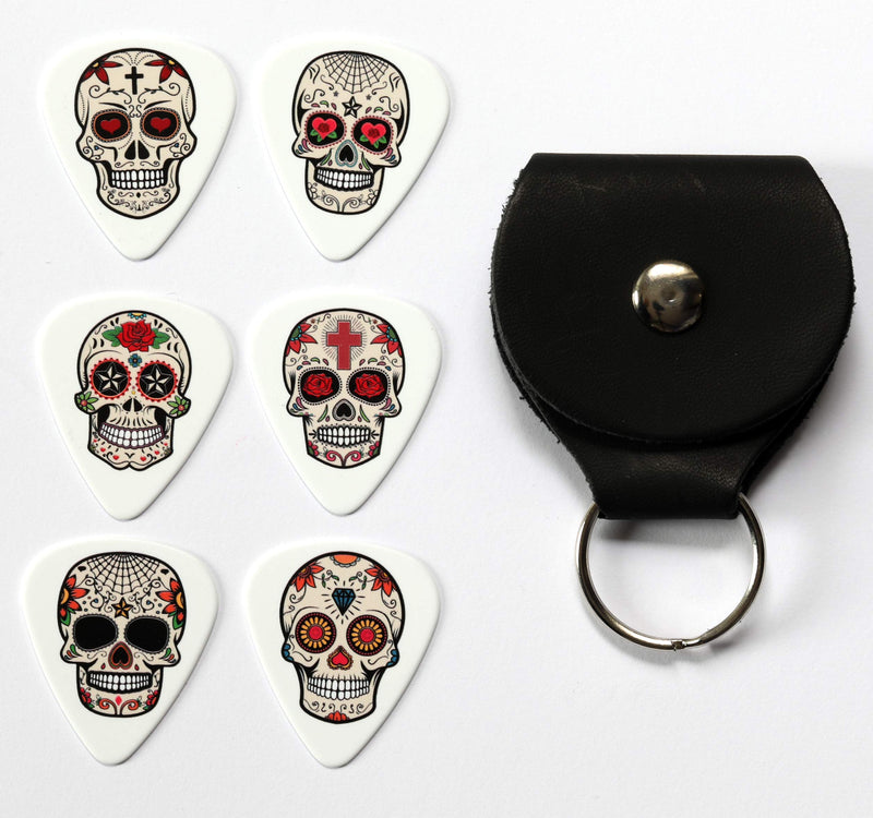 6 Sugar Skull Day Of The Dead Guitar Picks With Leather Plectrum Holder Keyring