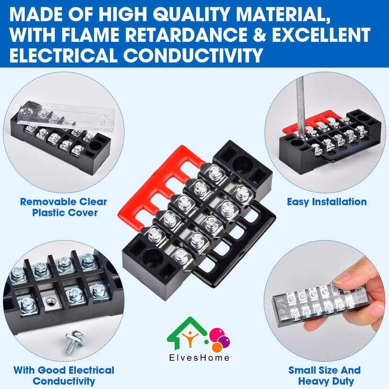 Terminal Blocks Ground Circuit 12PCS/6 Set 8+10+12 Positions 600V 15A Dual Row Bus Bar Wire Amp Mount Screw Terminal Block Kit with Cover 400V Pre Insulated Strip for DIY Small Electrical Home Project 12PCS-8P+10P+12P Set-15A