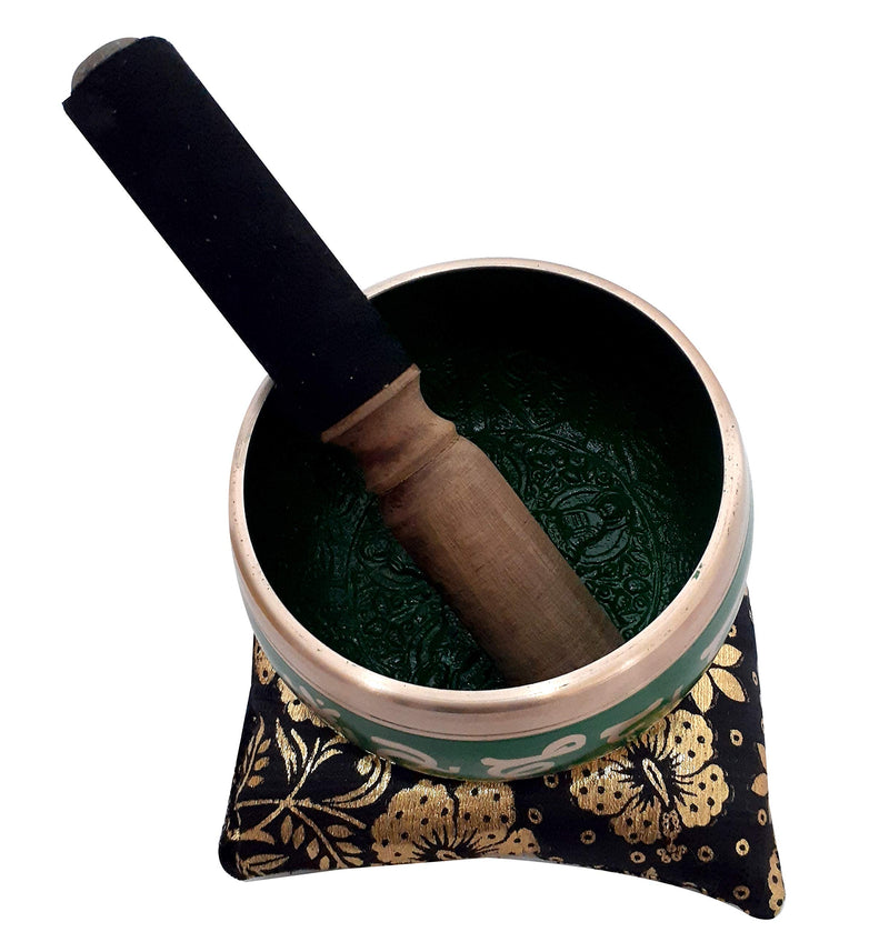 Traditional Tibetan Singing Bowl Set Green Include Cushion & Mallet - For Healing Meditation Prayer