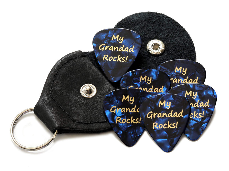 My Grandad Rocks Blue Guitar Picks With Leather Plectrum Holder Keyring