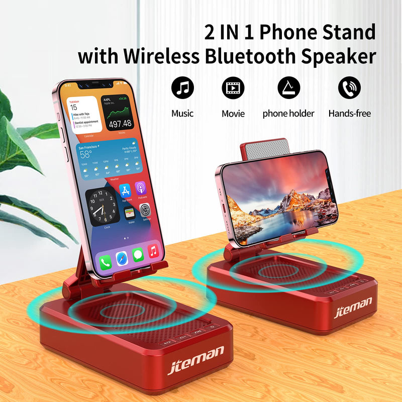 JTEMAN Portable Wireless Bluetooth Speakers with Cell Phone Stand,Gifts for Women and Men,Birthday Christmas for Women Men,Kitchen Gadgets for Men,Compatible for iPhone/Samsung/Mini iPad - Red