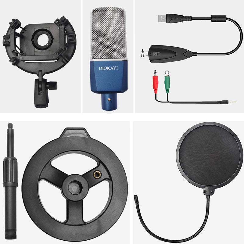 DIOKAYI 2021 latest 3.5mm condenser microphone kit, PC condenser podcast cardioid microphone plug and play, suitable for computer, YouTube, game recording, broadcasting (Blue)