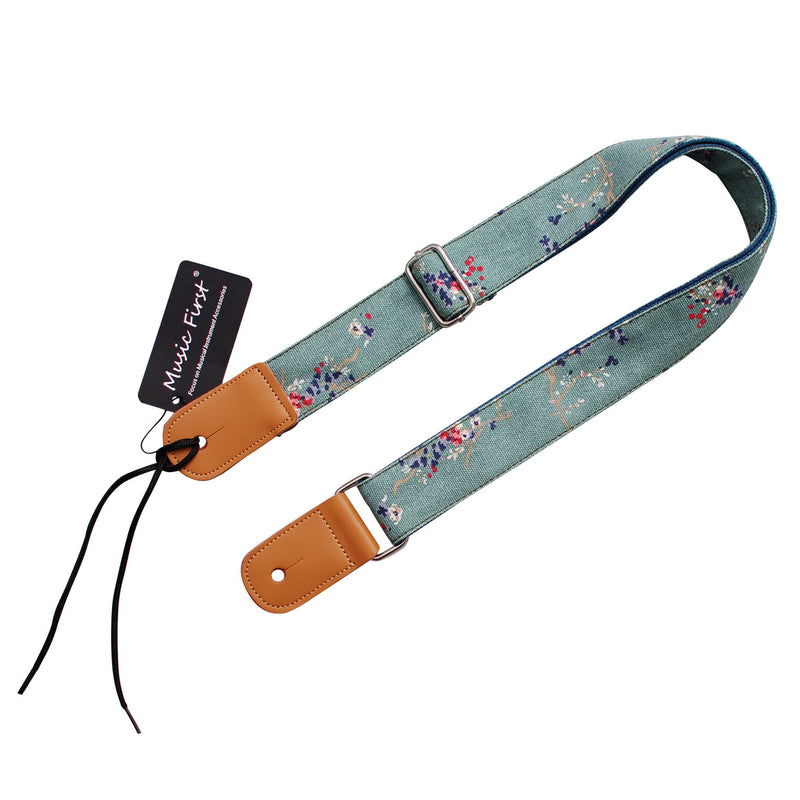[AUSTRALIA] - MUSIC FIRST Original Design Vintage Style “Plum Flowers” Soft Cotton & Genuine Leather Ukulele Strap Ukulele Shoulder Strap Without The Strap Locker 