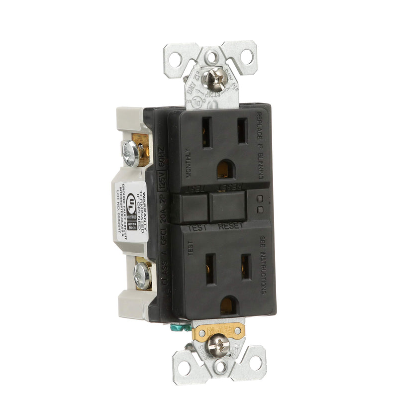 EATON SGF15BK Arrow Hart Duplex Gfci Receptacle, 125 Vac, 15 A, 2 Pole, 3 Wire, Black