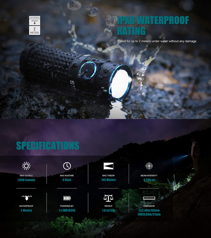 Olight S1R II 1000 Lumens High Performance CW LED Single IMR16340 Powered Upgraded Magnetic USB Rechargeable Side-switch EDC Flashlight with Battery and SKYBEN Battery Case