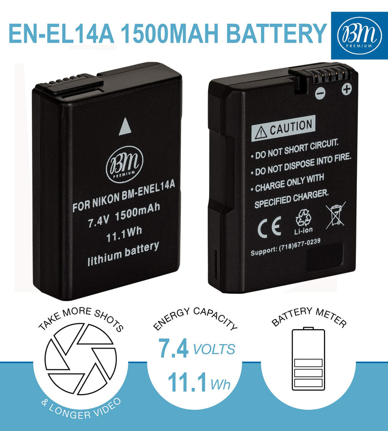 BM Premium EN-EL14A, EN-EL14 Battery and Charger for Nikon D3100, D3200, D3300, D3400, D3500, D5100, D5200, D5300, D5500, D5600, DF, Coolpix P7000, P7100, P7700 Digital SLR Cameras