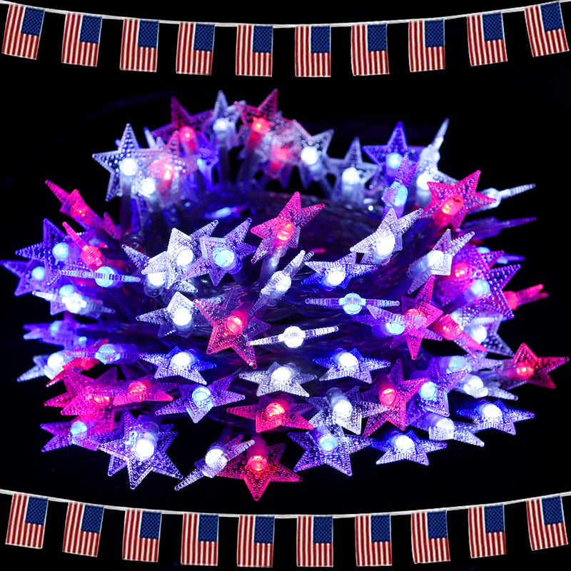 4th of July Decor Stars String Lights, 100 LED 33FT Red White Blue Patriotic Star Fairy Lights with American Flag Banner Extendable for Outdoor Memorial Day Independence Day Presidents Day 100 LED Lights with Flag