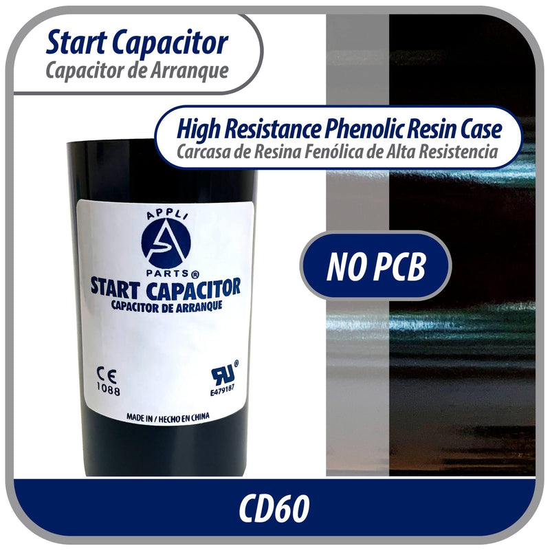 Appli Parts motor start capacitor 216-259 Mfd (microfarads) uF 330VAC universal fit for electric motor applications 1-3/4 in Wide 3-3/8 in Height CON-216-330 330 Vac
