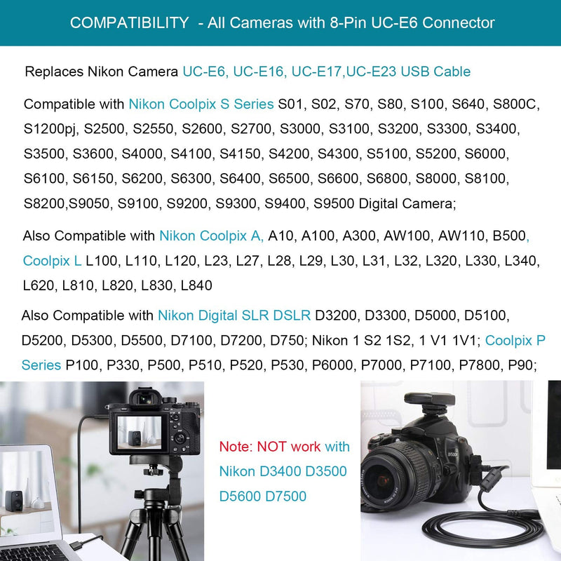 MaxLLTo® Replacement UC-E6 USB Date Cable for Nikon Coolpix L26, L28, B500,L110 L120, L310, L330, L340, L620, L810, L820, L830, L840, A10, D5500, D5200, D7200, D7100, D750