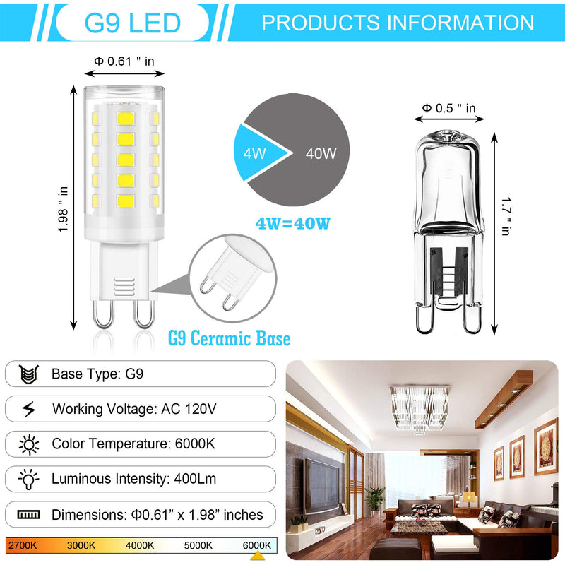 G9 LED Light Bulb Bi Pin Base,Winshine 6000K Daylight G9 Base Bulbs for Chandeliers,4W (40W Halogen Equivalent),360° Beam Angle,400LM,Non-dimmable for Home Lighting,6 Pack G9 6000K Daylight NO Dimmable