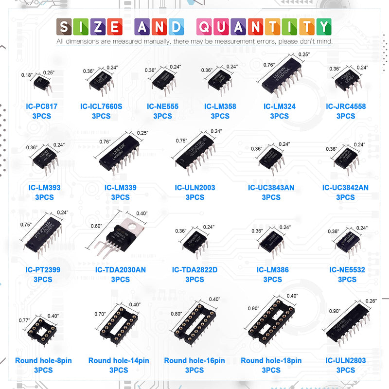 Glarks 63Pcs IC Chip Assortment Include LM358, LM324, LM386, JRC4558, ICL7660, LM393, LM339, NE5532, NE555, PC817, TDA2030, TDA2822, PT2399, UC3842, UC3843, ULN2003, ULN2803 and 8/14/16/18 Pin DIP IC