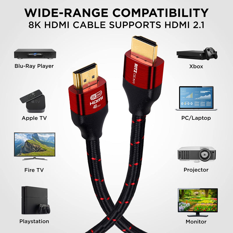 Ritz Gear 8K HDMI Cable 6.6 ft [5 Pack] Compatible with PS5, PS4, PS3, Xbox, Roku, Apple TV, Gaming PC, Laptop or Monitor, Braided Nylon Cord & Gold Connectors, Ultra High Speed HDMI 2.1 with Ethernet 5 Pack