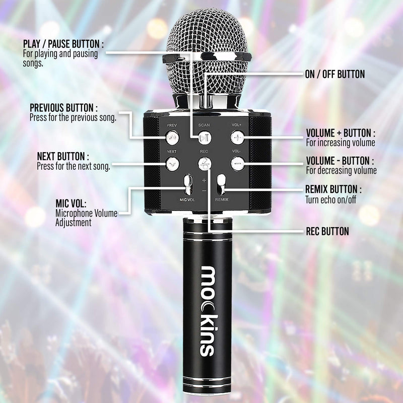 mockins Wireless Bluetooth Karaoke Microphone with Built in Bluetooth Speaker All-in-One Karaoke Machine | Compatible with Android & iOS iPhone - Black Color