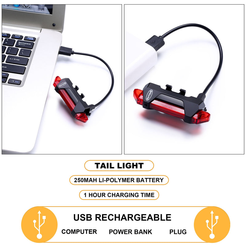 Outair USB Rechargeable Bike Light Front and Rear Bicycle Light Set Scooter Light 5 LEDs 4 Modes Head Back Cycling Flashing Safety Warning Lamp White&Red