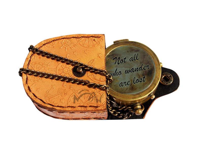 MAH Not All Who Wander are Lost Engraved Brass Compass with Leather Case, Pirates Compass, Magnetic Navigational Instrument. C-3271