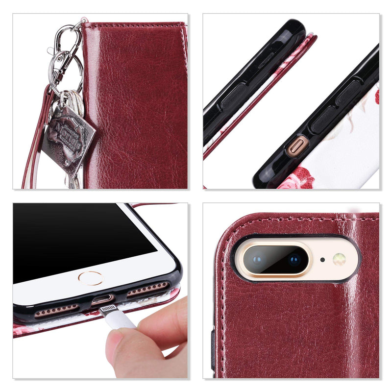 ULAK iPhone 8 Plus Case, iPhone 7 Plus Flip Wallet Case, PU Leather Wallet Case with Card Holder Kickstand Hand Strap Shockproof Protective Cover for Apple iPhone 7 Plus/8 Plus 5.5 Inch, Burgundy