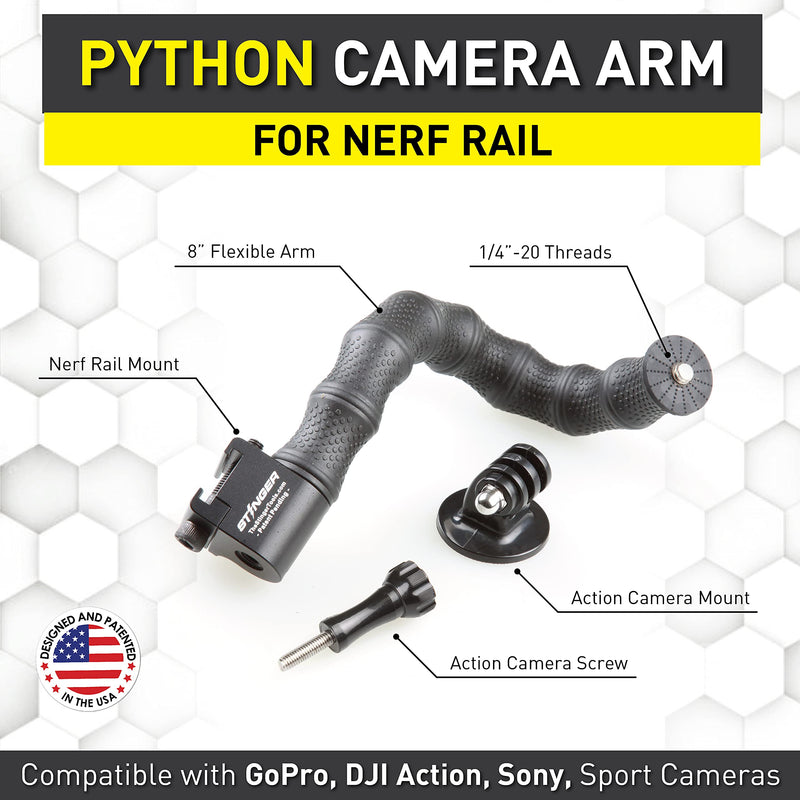 Stinger Python Action Camera Mount for Nerf Blaster Elise, Rival, Microshots, Zombie, Flexible Camera Arm Nerf Gun Mount, Compatible with GoPro, OSMO Action, and Other Action Cameras Compatible with NERF Rail