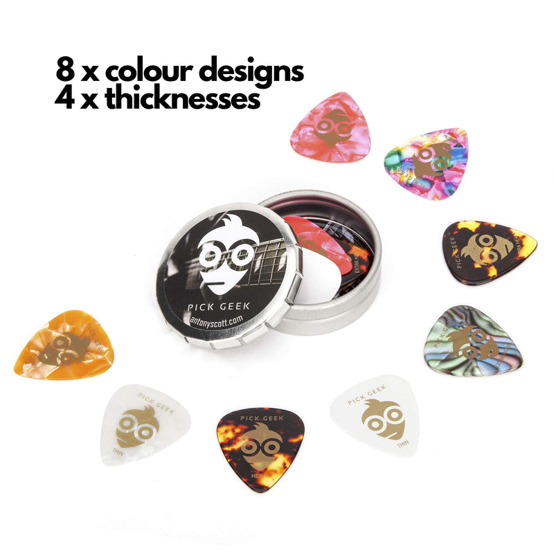 Pick Geek Guitar Picks - 16 Cool Custom Guitar Picks For Your Electric, Acoustic, or Bass Guitar - X-Heavy, Heavy, Medium & Light - Presented in a Luxury Metal Pocket Box