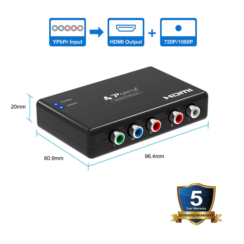PORTTA Component to HDMI Converter with Scaler 1080p 720p, YPbPr + R/L Audio to HDMI Adapter, 5 RCA RGB to HDMI Video Converter for PS2 PS3 PSP DVD Wii Xbox 360 RGB to HDMI Scaler