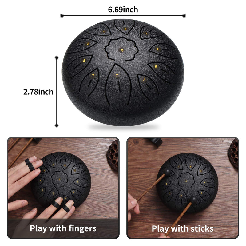 Steel Tongue Drum, C-Key Percussion Instrument 11 Notes 6 Inches Panda Drum Lotus Tank Drum Kit Zen Drum for Playing, Entertainment, Decompression, Music Therapy, Meditation Gift for Adult/Kid (Black)