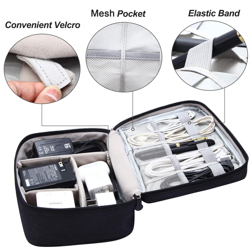 Electronic Organizer Travel Universal Cable Organizer Waterproof Electronics Accessories Storage Cases for Cable, Charger, Phone, USB, SD Card, Hard Drives, Power Bank, Cords Black