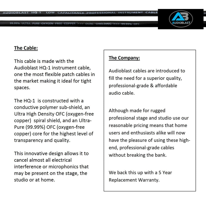 Audioblast - 8 Foot - HQ-1 - Ultra Flexible - Dual Shielded (100%) - Guitar Instrument Effects Pedal Patch Cable w/Eminence Straight & Angled Gold ¼ inch (6.35mm) TS Plugs & Double Staggered Boots