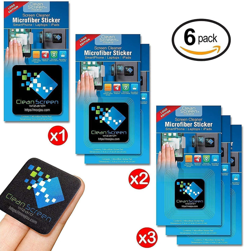CLEAN SCREEN WIZARD Microfiber Electronics Screens Cleaning Cloths Stickers Pads- 6 Pack Bundle, 1 Large, 2 Medium, 3 Small, Great Gift
