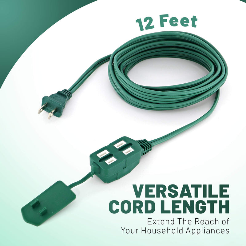 12 Feet Green Extension Cord, 3 Outlet, 2 Prong, 16 Gauge Cable, 3 Receptacle Cube Tap, Indoor use, (2 Pack) - by Revpex 12 FEET 2 PACK
