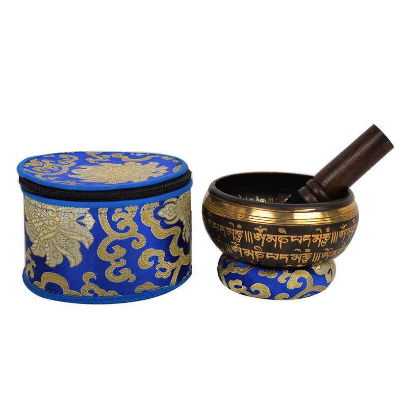 Tibetan Singing Bowl with Gold and Black Art Décor. Buddha Crafted Inside. For Meditation and Mindfulness (BLK(5BUD)-2) (B2)