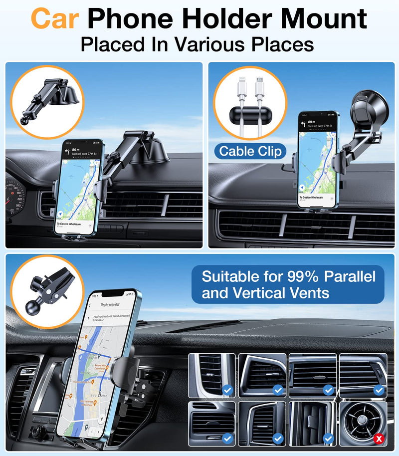 HTU Cell Phone Holder for Car Dashboard [Big Phones & Thick Case Friendly] Compatible for iPhone 13 Pro Max 12 11 Pro All Smartphones Easy One Touch Cellphone Car Mount Dash Windshield Air Vent Cradle