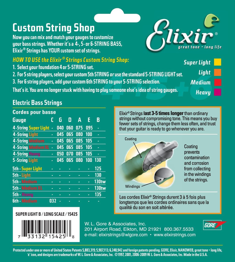 Elixir Strings Nickel Plated Steel with NANOWEB Coating, Custom Bass 5th String Single, Super Light B, Long Scale (.125) Super Lt B, Lng Scale (.125)