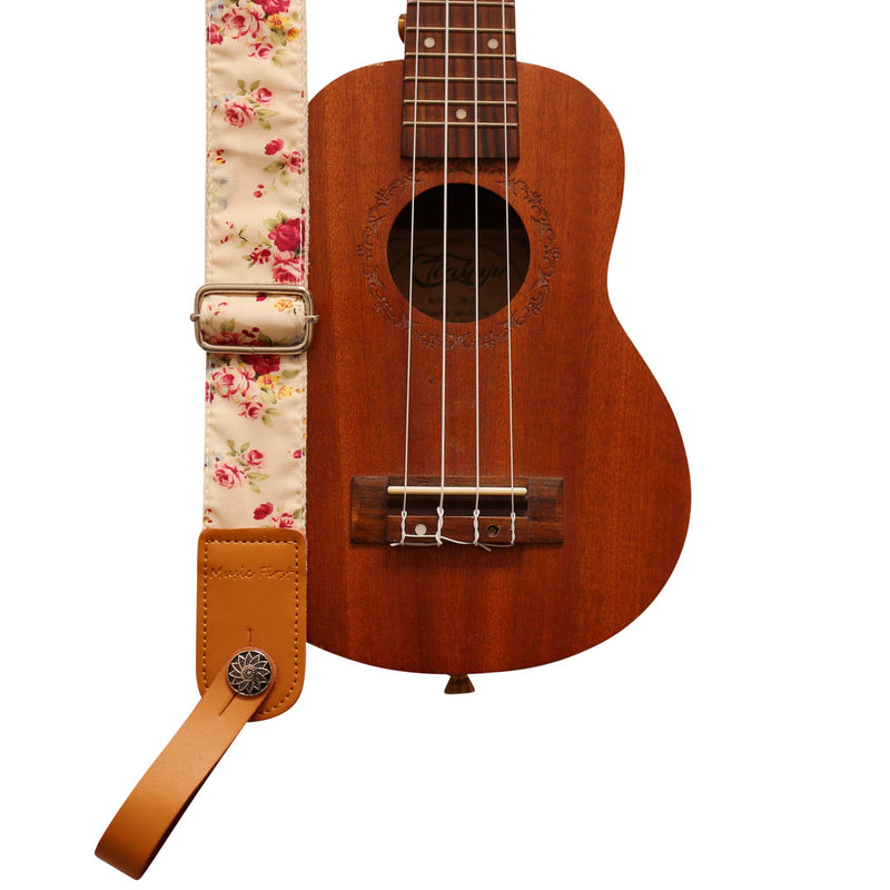 MUSIC FIRST Original Design “Rosa Multiflora in Cream” Soft Cotton & Genuine Leather Ukulele Strap Ukulele Shoulder Strap With a MUSIC FIRST Genuine Leather Strap Locker With A Leather Strap Locker