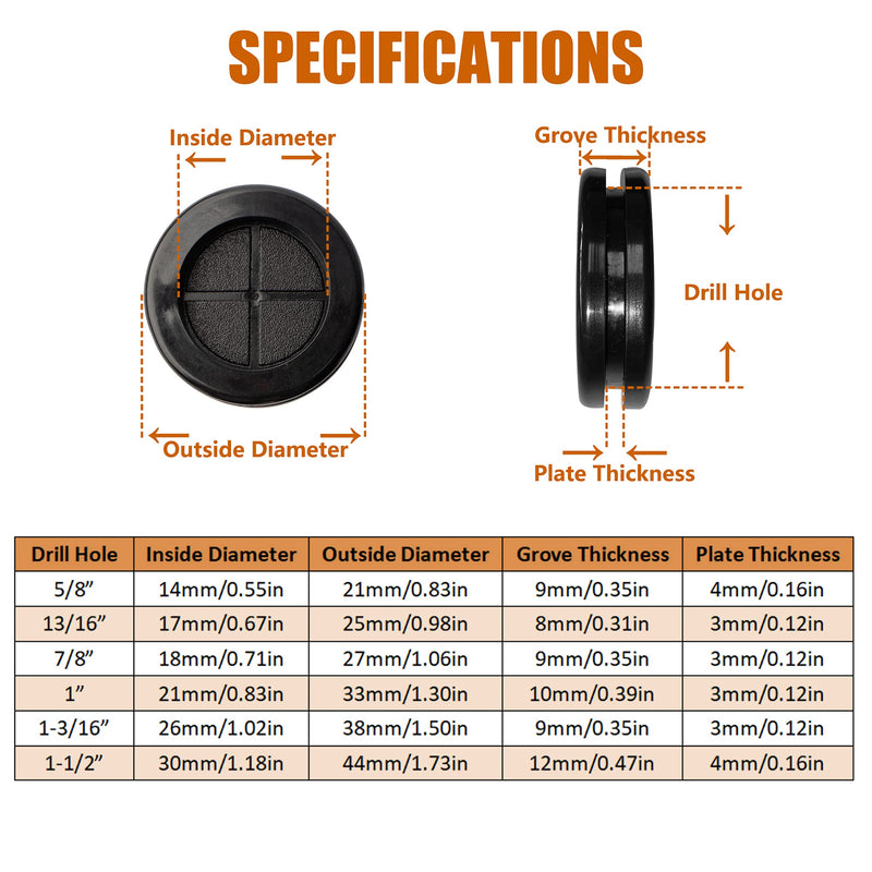 [AUSTRALIA] - ISPINNER 52pcs 6 Sizes Rubber Grommet, Double Sided Round Rubber Hole Plug, Drill Hole 5/8" 13/16" 7/8" 1" 1-3/16" 1-1/2" (Black) Black 