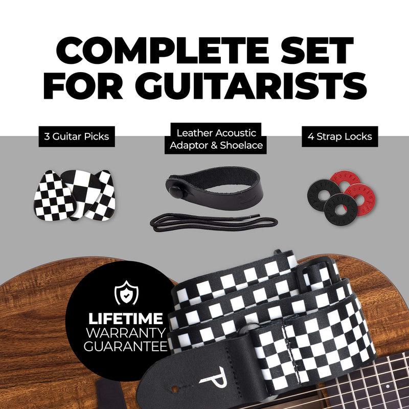 Perri's Leathers Ltd -Guitar Strap- Bundle - Polyester Checker Guitar Strap - BONUS - 3 Medium 0.71mm Guitar Picks, 1 Leather Acoustic Adaptor, 4 Strap Locks & Shoelace - Made in Canada (LPCP-591-PKG)