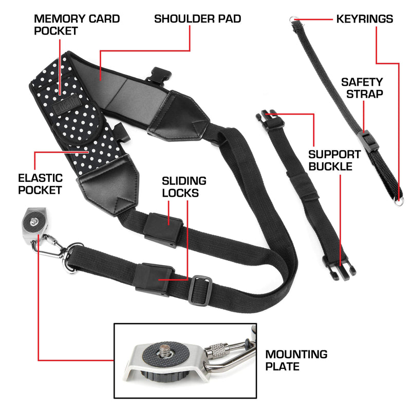 USA GEAR Camera Sling Shoulder Strap with Adjustable Neoprene, Safety Tether, Accessory Pocket, Quick Release Buckle - Compatible w/ Canon, Nikon, Sony and More DSLR and Mirrorless Cameras (Polka Dot) Polka Dot