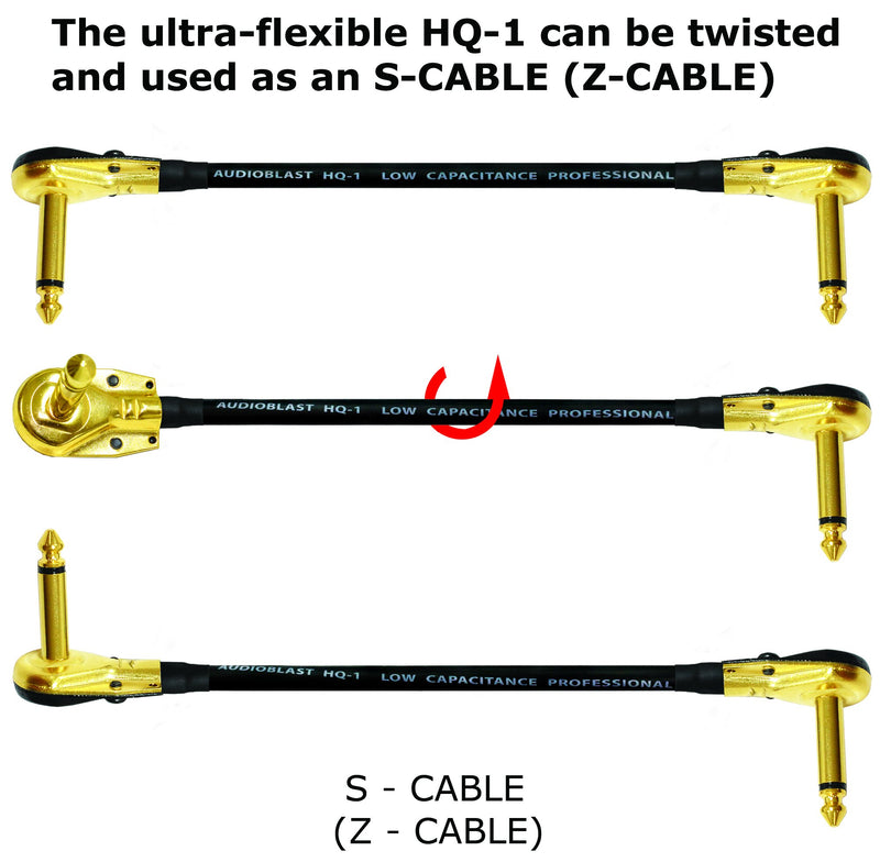 6 Units - 6 Inch - Audioblast HQ-1 - Ultra Flexible - Dual Shielded (100%) - Instrument Effects Pedal Patch Cable w/Low-Profile, R/A Gold Pancake TS (6.35mm) Plugs & Dual Staggered Boots