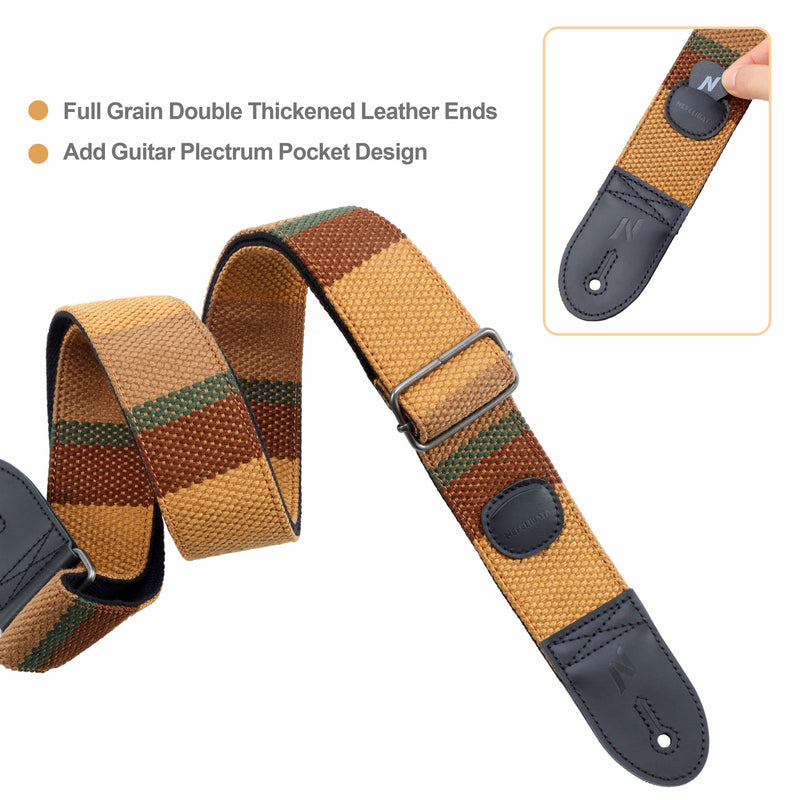 [AUSTRALIA] - Nefelibata Guitar Strap with Pick Pocket, 2 Inch Thicker Woven Guitar Straps with Double Full Grain Leather Ends for Bass, Electric and Acoustic Guitars (Free Guitar Accessory Set) Brown Stripes 