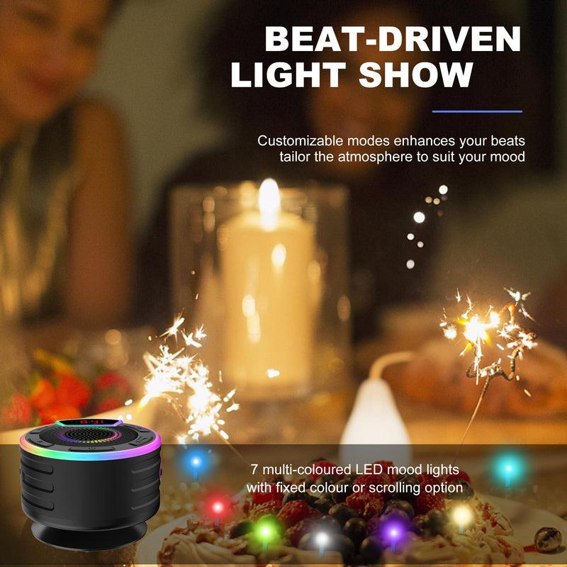 BassPal Bluetooth Speakers, IPX7 Waterproof Shower Speaker, Portable Speaker with LED Display, FM Radio, Suction Cup, Light Show, Built-in Mic, Best Gifts for Pool Beach Home Party Travel Outdoors Black