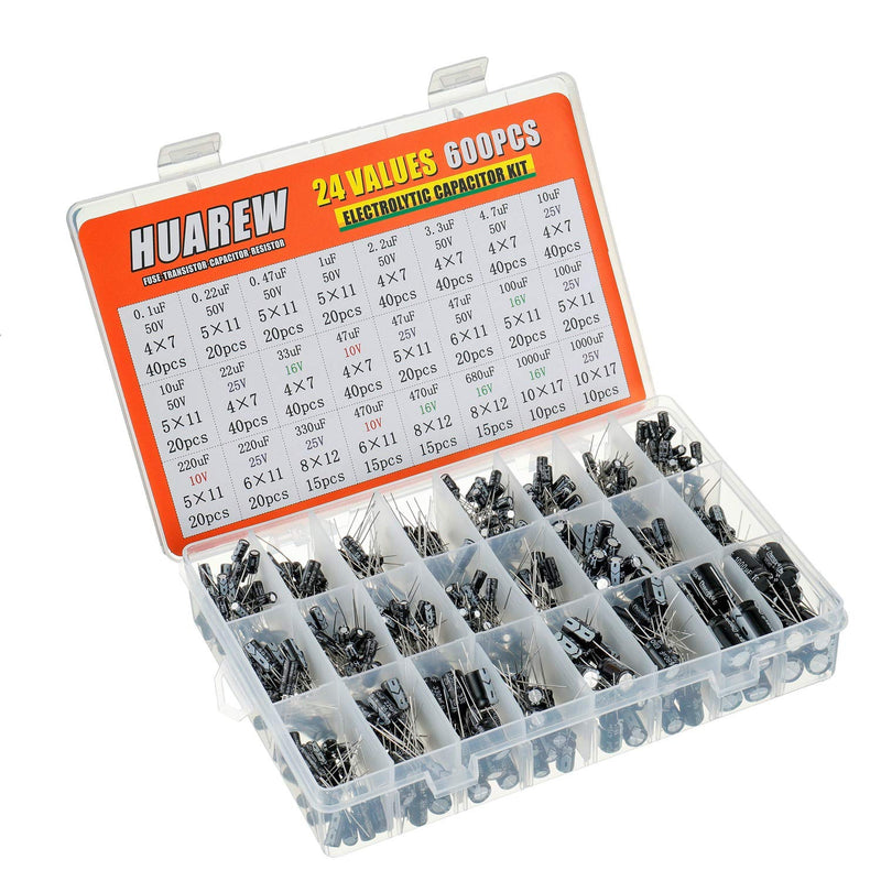 [AUSTRALIA] - HUAREW 24 Values 600 Pcs 0.1 uF to1000 uF MFD 10 16 25 50 V Volt Aluminum Electrolytic Capacitor Assortment Kit 