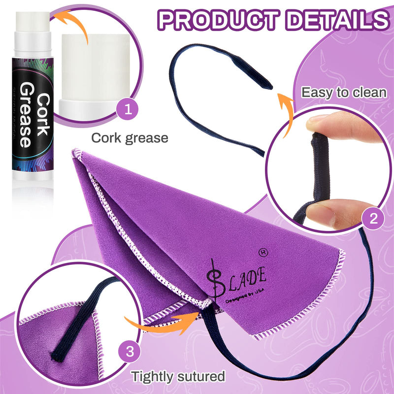6 Pieces Saxophone Cleaning Cloth Swab Purple Clarinet Swab Saxophone Cleaning Care Kit Flute Cleaning Cloth Clarinet Cleaner with Cork Grease for Clarinet Piccolo Flute Sax Saxophone Inside Tube