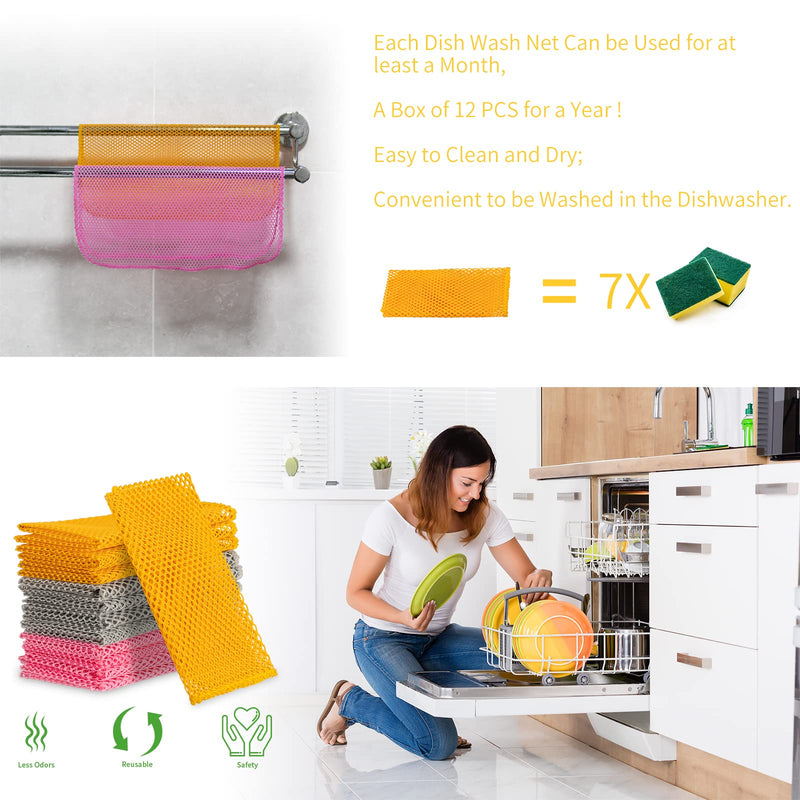 12Pcs Dish Wash Net,Innovative Mesh Cloth,Ultra Durable Non-Scratch Dish Rags for Washing Dishes,100% Odor Free / Quick Dry,Perfect Scrubber,Dish Sponges for Washing Dishes Yellow/Pink/Gray