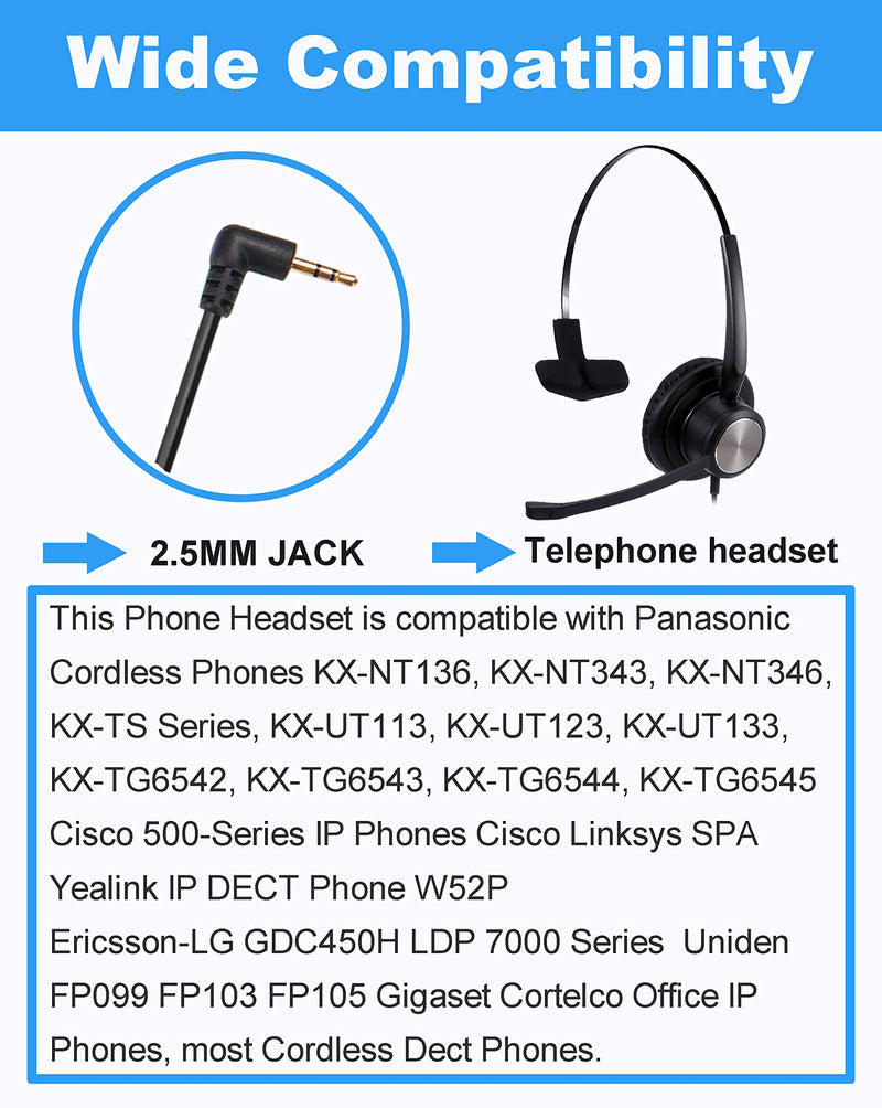 Sinseng 2.5mm Phone Headset with Noise Canceling Microphone,Headphones for Call Center Office， Telephone Headset Compatible with AT&T Vtech Uniden Cisco Grandstream Panasonic Cordless Phones SS810QD014 Monaural