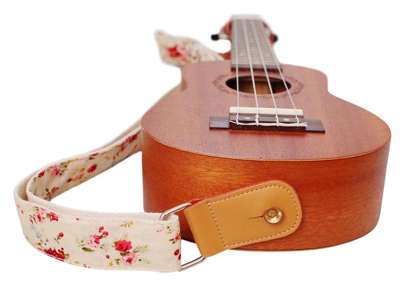 MUSIC FIRST Original Design “Rosa Multiflora in Cream” Soft Cotton & Genuine Leather Ukulele Strap Ukulele Shoulder Strap With a MUSIC FIRST Genuine Leather Strap Locker With A Leather Strap Locker