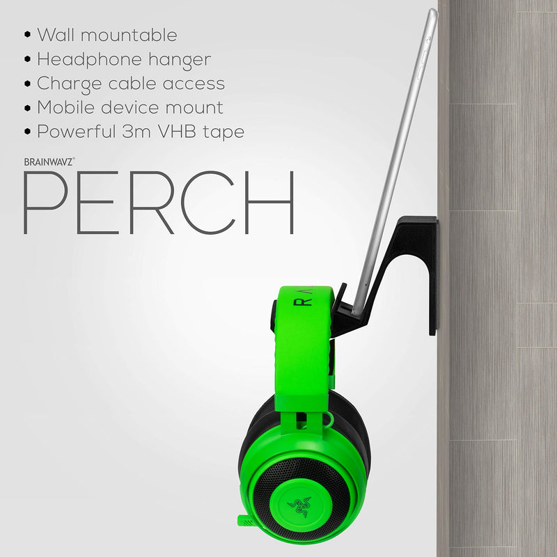 The Perch - Tablet, Phone & Headphone Wall Mount Hanger Holder, Screwless, Designed to Hold Most Tablets & Headphones, No Screws, No Drilling, Strong 3M VHB Adheasive Tape, by Brainwavz