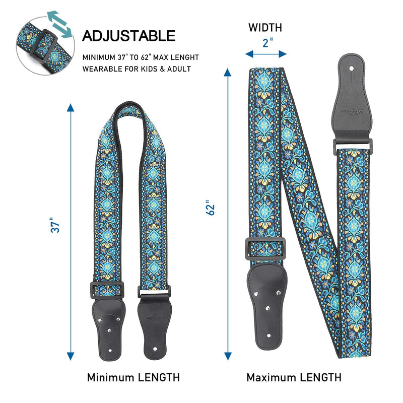 Adjustable Electric Guitar Strap/Acoustic Guitar Strap/Bass Strap-Soft Woven Embroidered Genuine leather Ends Guitar Strap with 1 Pick Holder, Free Bonus- 2 Silica gel Strap Locks +1 Extra String,Blue Blue Woven