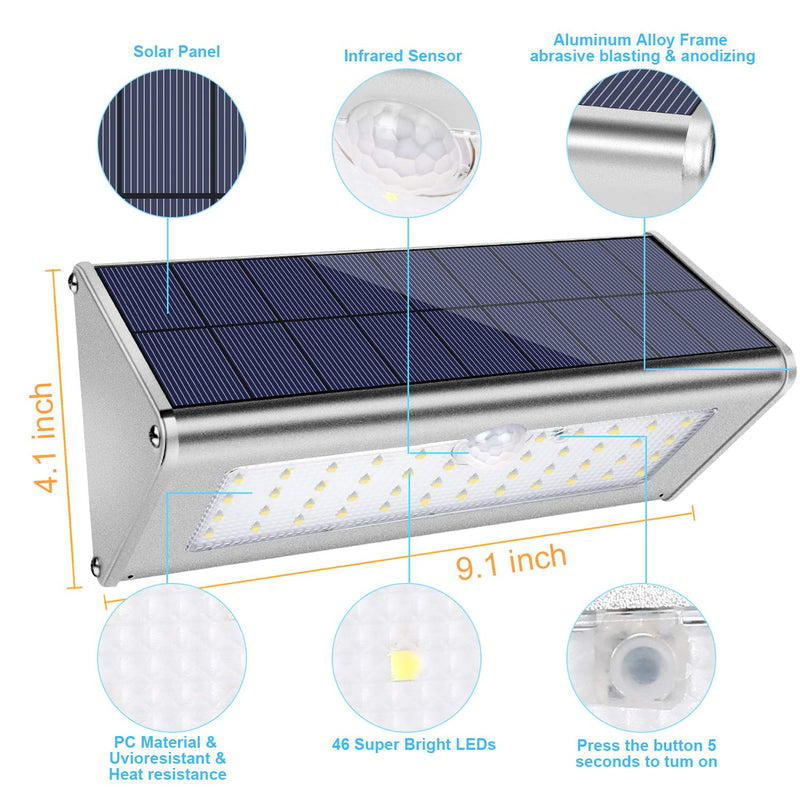 Securoad Super Bright Solar Lights Outdoor Water Proof, 46 LED 1100 Lumens 4500mAh Wireless Infrared Motion Sensor Light, Aluminum Metal Housing, Upgrade Security for Yard Driveway Wall Lights, 1 Pack