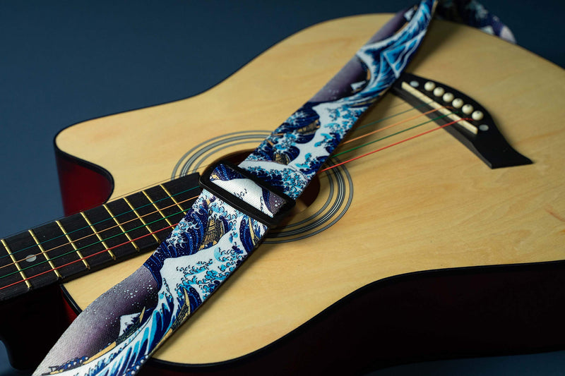 Guitar Strap,Qielizi Guitar Strap with Leather End Length Adjustable 2 Pick Holders & 2 Matching Picks For Electric Guitar, Acoustic Guitar and Bass - Unique Gift For Guitarist(Huge Wave) Huge Wave