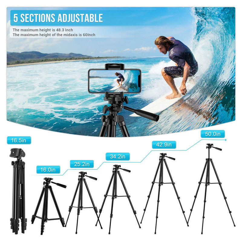 【New Version】 Phone Tripod, Premium Aluminum Alloy Camera Tripod with Cell Phone Mount & Wireless Bluetooth Remote, Professional 50" Extendable Portable Tripod Stand, Compatible with iOS/Android