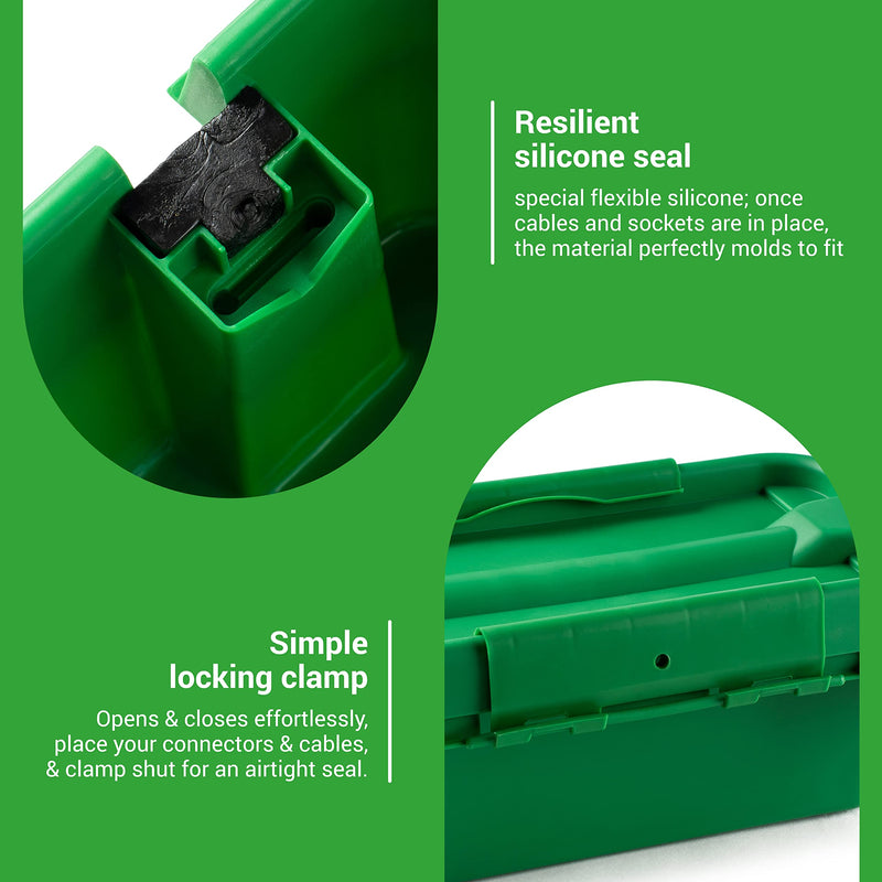 SockitBox – The Original Weatherproof Connection Box – Indoor & Outdoor Electrical Power Cord Enclosure for Timers, Extension Cables, Holiday Lights, Power Tools, Fountains & More – Size Small – Green
